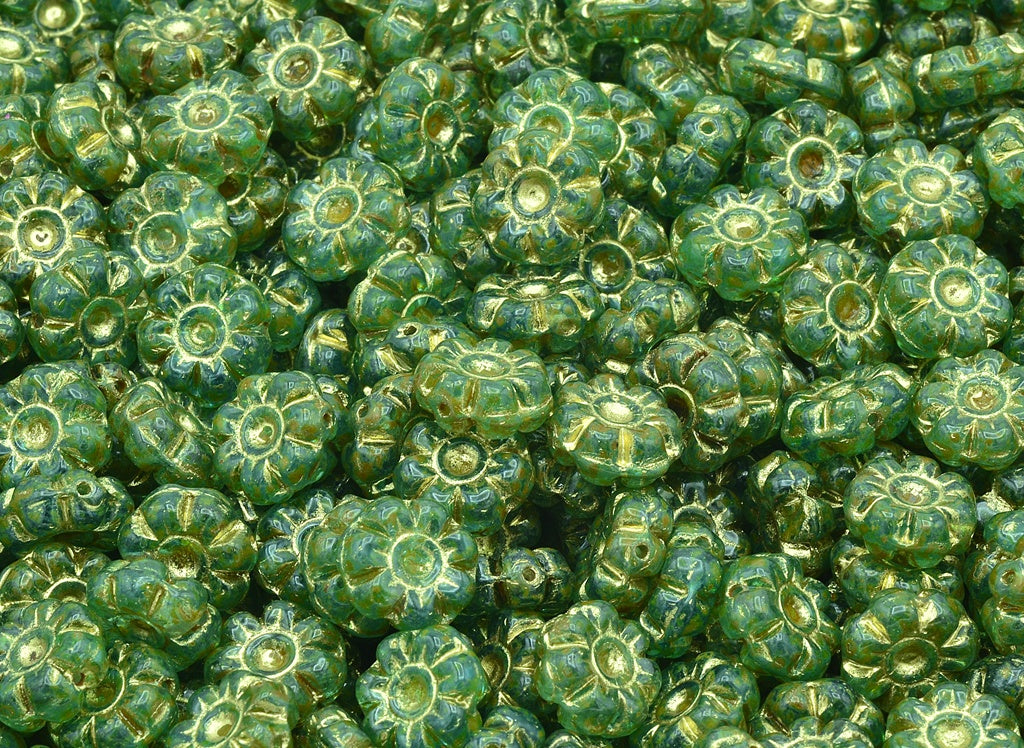 Flat Flower Beads, Transparent Aqua Travertin Gold Lined (60010-86800-54302), Glass, Czech Republic