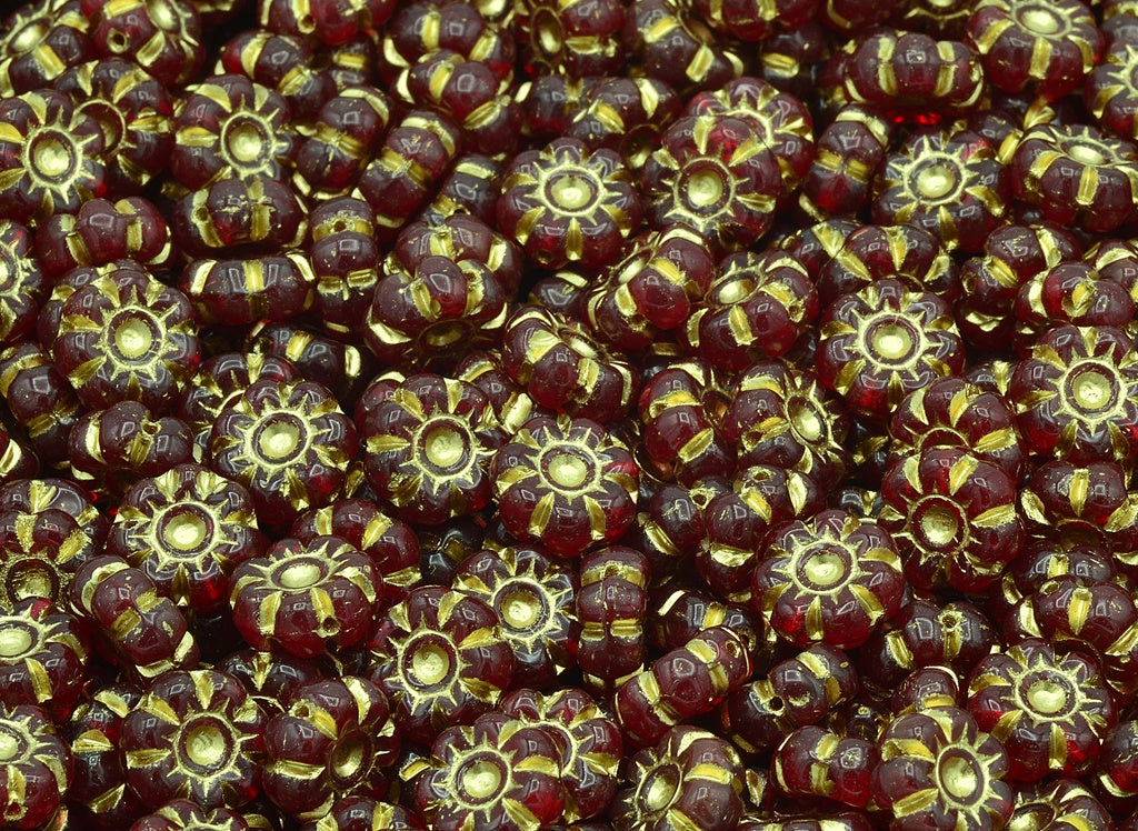 Flat Flower Beads, Ruby Red Gold Lined (90080-54202), Glass, Czech Republic