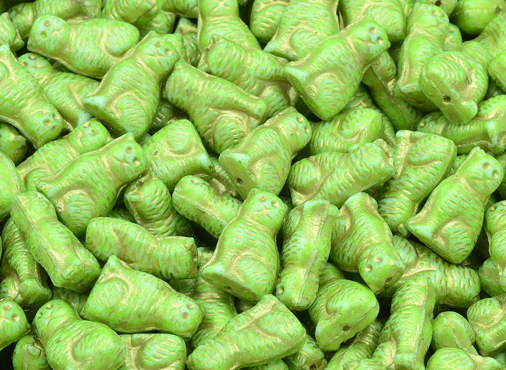 Sitting Cat Beads, Chalk White Light Green Gold Lined (03000-34310-54302), Glass, Czech Republic