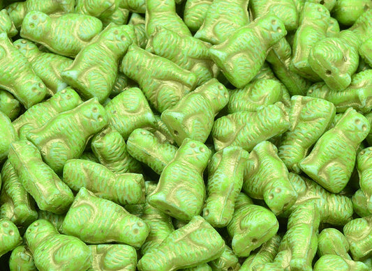Sitting Cat Beads, Chalk White Light Green Gold Lined (03000-34310-54302), Glass, Czech Republic