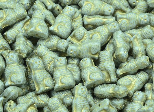 Sitting Cat Beads, Chalk White Light Gray Gold Lined (03000-34311-54302), Glass, Czech Republic