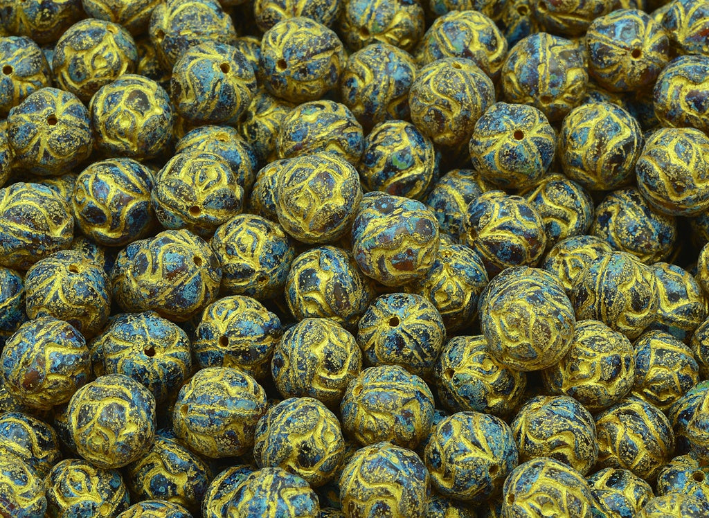 Round Rose Beads, Transparent Light Topaz Yellow Travertin Gold Lined (10020-86800-54302), Glass, Czech Republic
