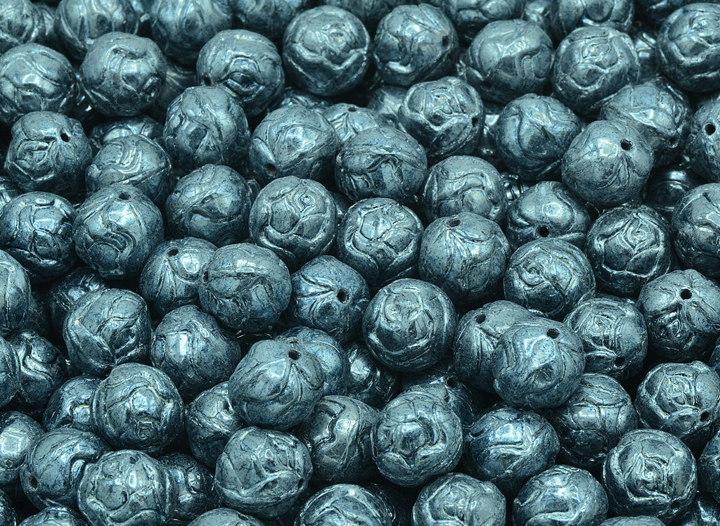 Round Rose Beads, Black Hematite (23980-14400), Glass, Czech Republic