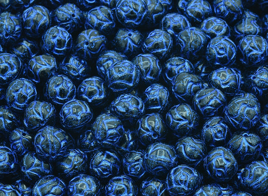 Round Rose Beads, Black Blue Lined (23980-43812), Glass, Czech Republic