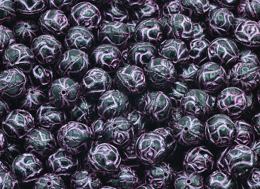 Round Rose Beads, Black Pink Lined (23980-54321), Glass, Czech Republic