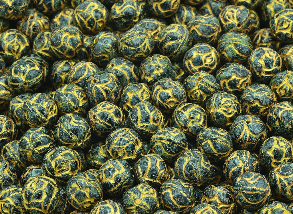 Round Rose Beads, Black Travertin Gold Lined (23980-86800-54302), Glass, Czech Republic