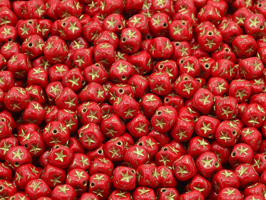 Cube Beads With Stars, Opaque Red Gold Lined (93200-54202), Glass, Czech Republic