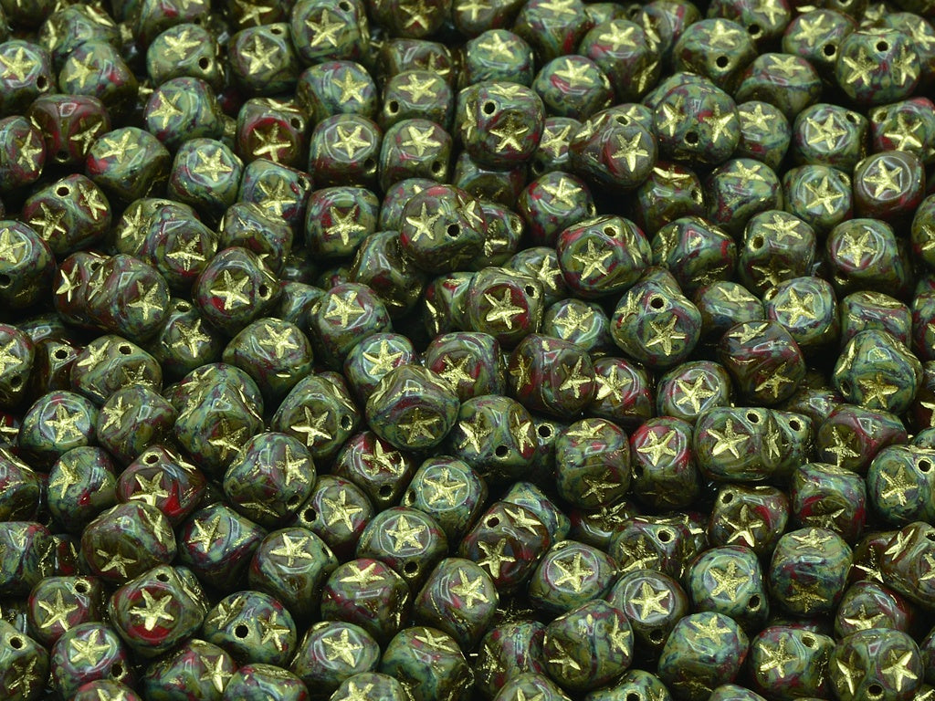 Cube Beads With Stars, Opaque Red Travertin Gold Lined (93200-86800-54202), Glass, Czech Republic