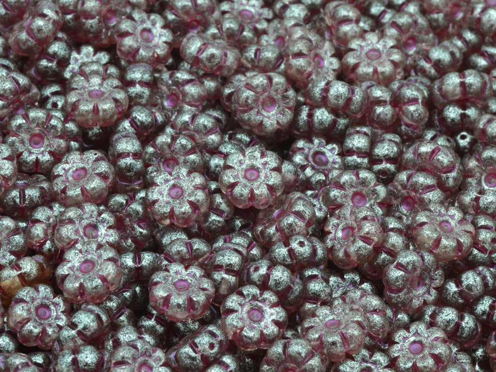 Flat Flower Beads, Transparent Light Amethyst Pink Lined Silver Gray (20020-43807-34301), Glass, Czech Republic