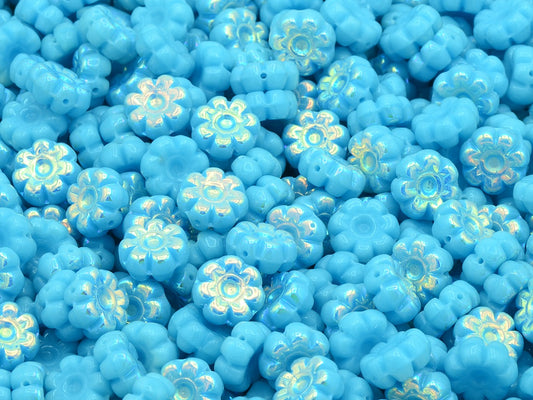 Flat Flower Beads, Blue Ab (63020-28701), Glass, Czech Republic