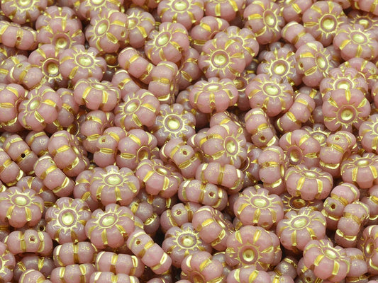 Flat Flower Beads, Opal Pink Gold Lined (71010-54202), Glass, Czech Republic