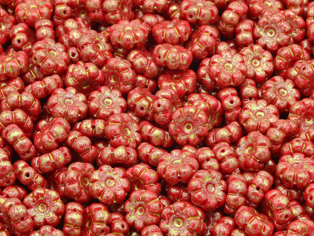 Flat Flower Beads, Opaque Red Light Yellow (93200-34302), Glass, Czech Republic