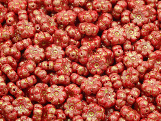 Flat Flower Beads, Opaque Red Light Yellow (93200-34302), Glass, Czech Republic