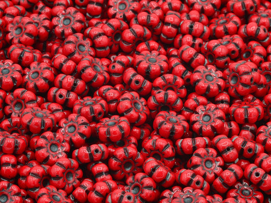 Flat Flower Beads, Opaque Red Blue Lined (93200-54325), Glass, Czech Republic