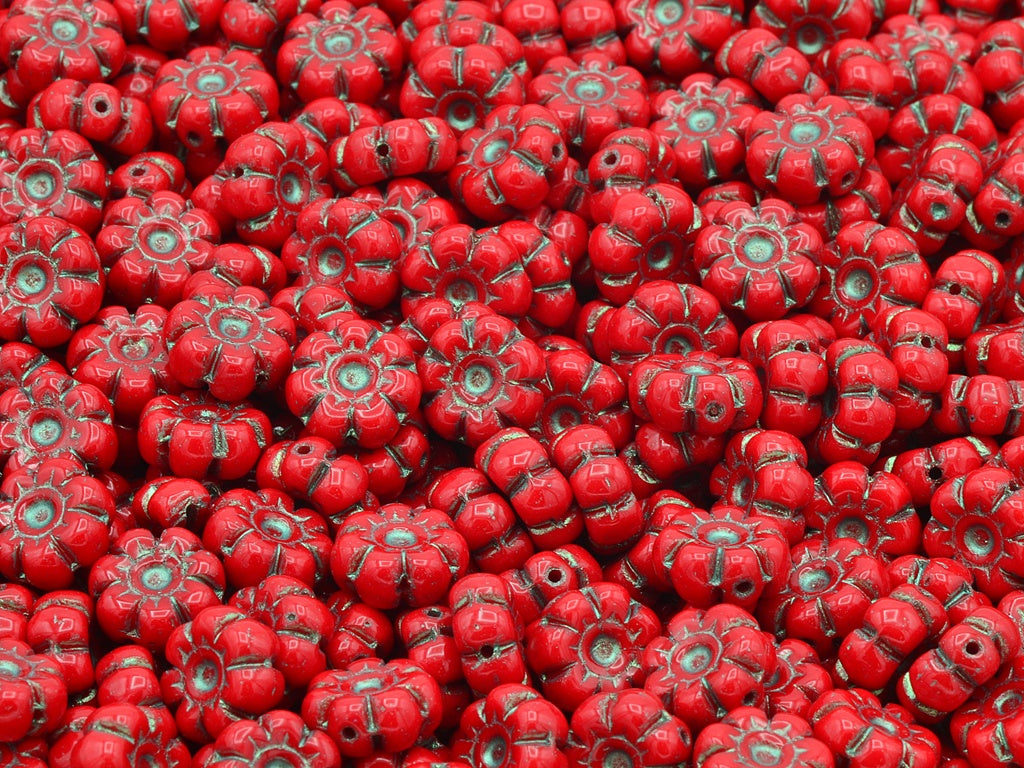 Flat Flower Beads, Opaque Red Teal Lined (93200-54316), Glass, Czech Republic
