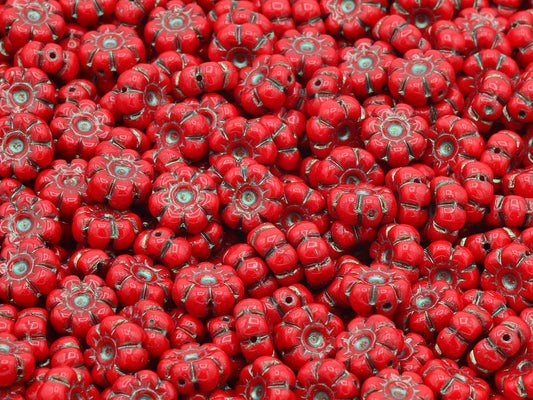 Flat Flower Beads, Opaque Red Teal Lined (93200-54316), Glass, Czech Republic