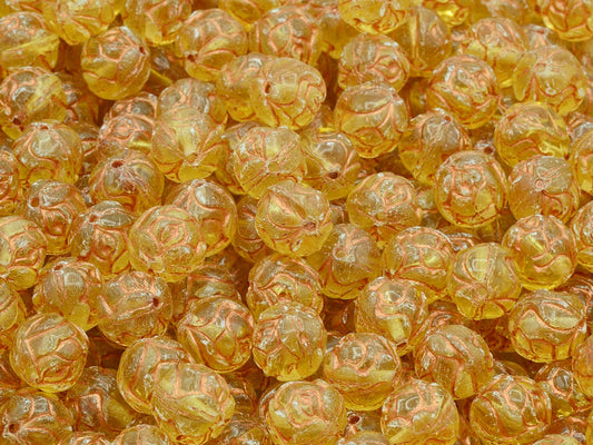 Round Rose Beads, Transparent Light Topaz Yellow Copper Lined (10020-54307), Glass, Czech Republic