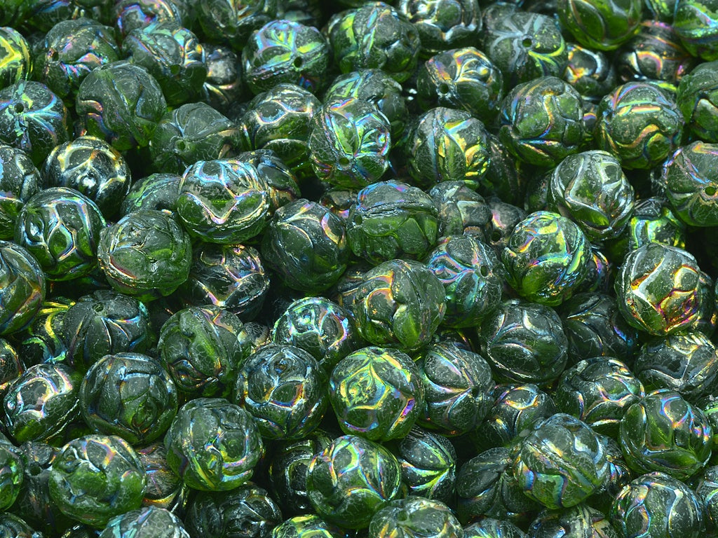Round Rose Beads, Transparent Green 28103 Matte (50230-28103-84110), Glass, Czech Republic