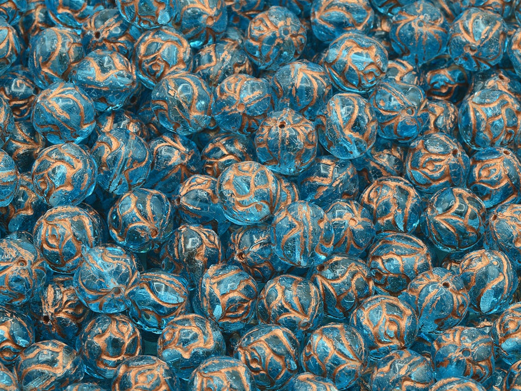 Round Rose Beads, Transparent Aqua Copper Lined (60010-54307), Glass, Czech Republic