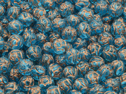 Round Rose Beads, Transparent Aqua Copper Lined (60010-54307), Glass, Czech Republic
