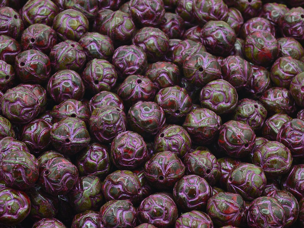 Round Rose Beads, Opaque Red Travertin Pink Lined (93200-86800-43807), Glass, Czech Republic