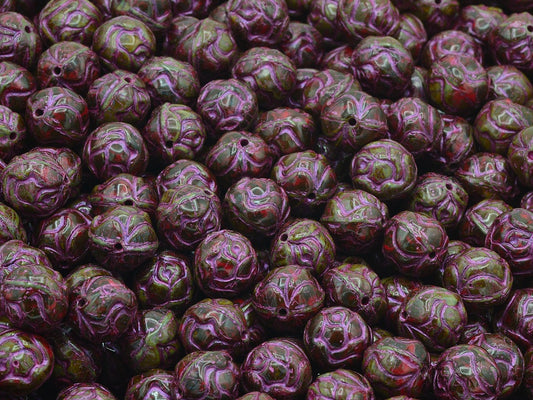 Round Rose Beads, Opaque Red Travertin Pink Lined (93200-86800-43807), Glass, Czech Republic