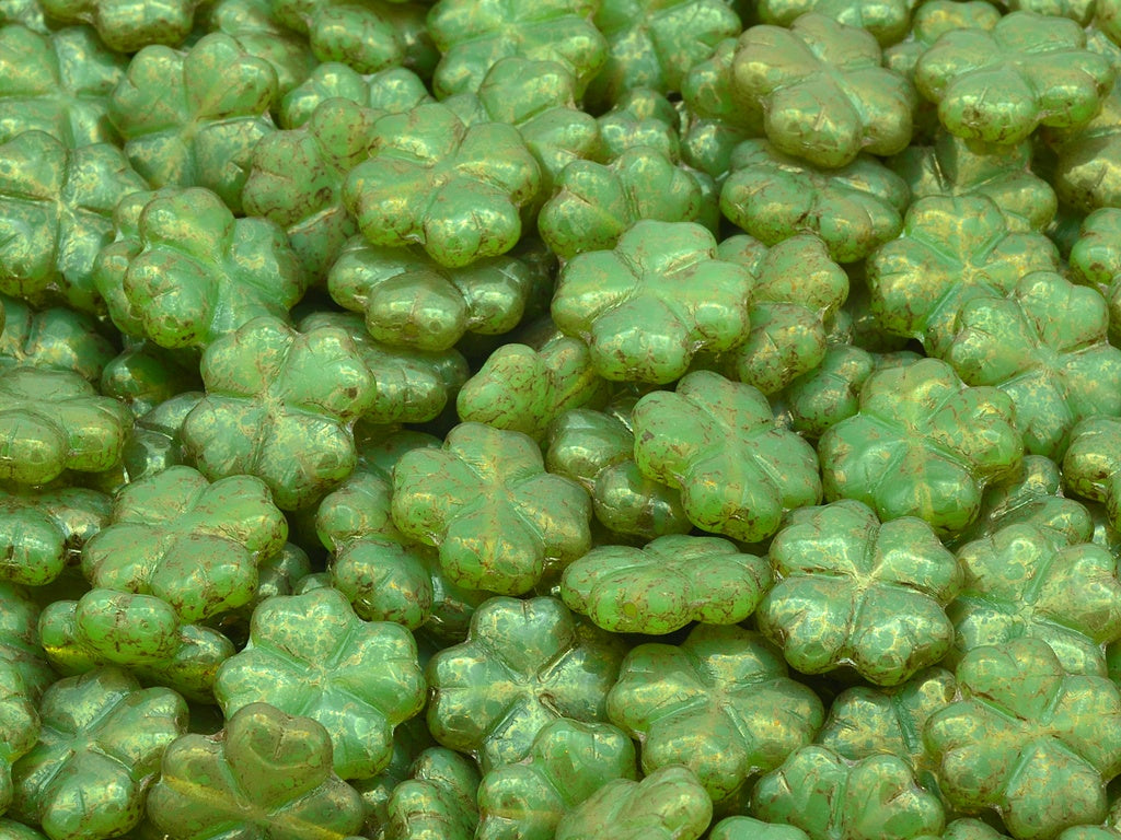 4-Leaf Clover Beads, Opal Green Terracotta Red (51010-15495), Glass, Czech Republic