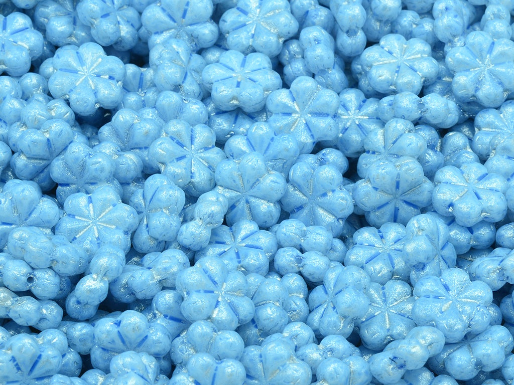 6 Petral Flower Beads, Chalk White Light Blue Silver Gray (03000-34307-34301), Glass, Czech Republic