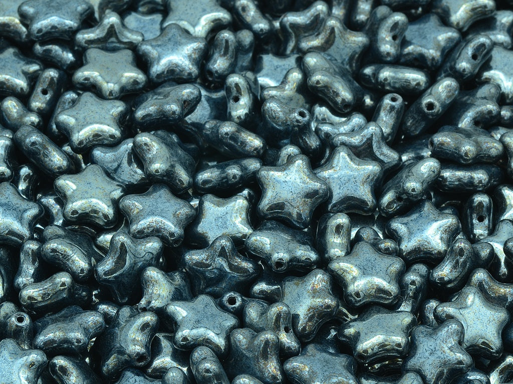 Flat Star Beads, Black Hematite (23980-14400), Glass, Czech Republic