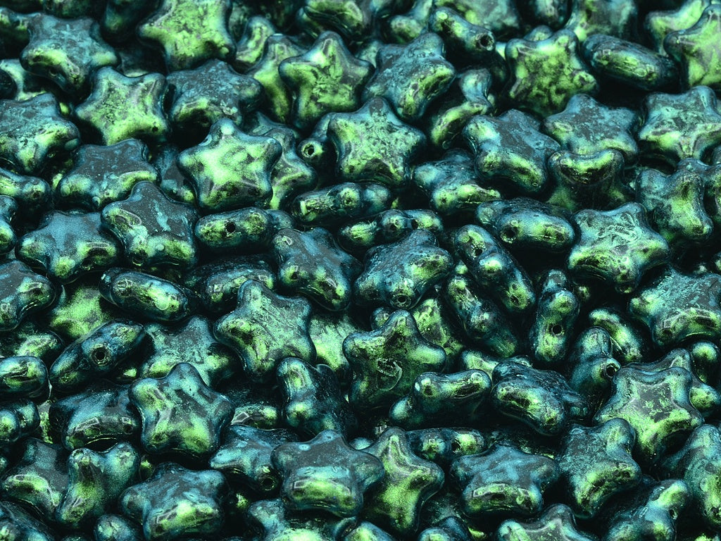 Flat Star Beads, Black Green Iridiscent (23980-86922), Glass, Czech Republic