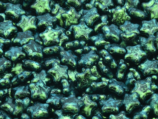 Flat Star Beads, Black Green Iridiscent (23980-86922), Glass, Czech Republic