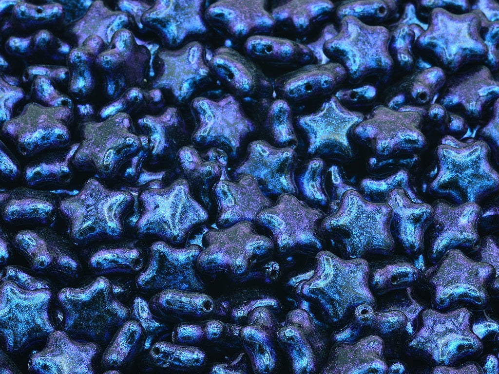 Flat Star Beads, Black Blue Iridiscent (23980-86966), Glass, Czech Republic