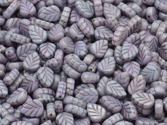 Mint Leaf Beads, Chalk White Purple (03000-15726), Glass, Czech Republic