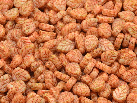 Mint Leaf Beads, Chalk White Travertin Beige Orange Spotted (03000-86800-33307), Glass, Czech Republic