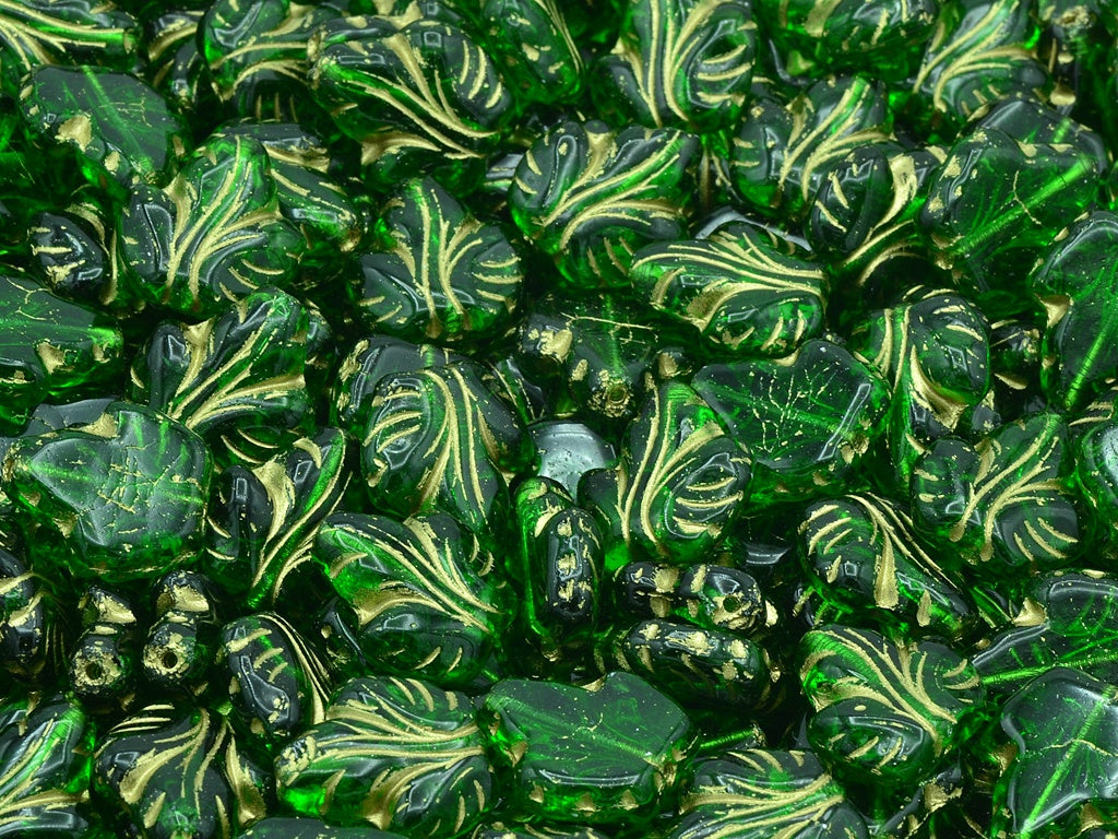 Grape Leaf Beads, Emerald Green Gold Lined (50120-54202), Glass, Czech Republic