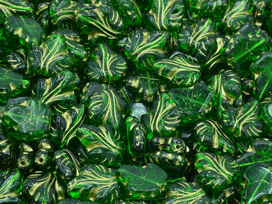 Grape Leaf Beads, Emerald Green Gold Lined (50120-54202), Glass, Czech Republic