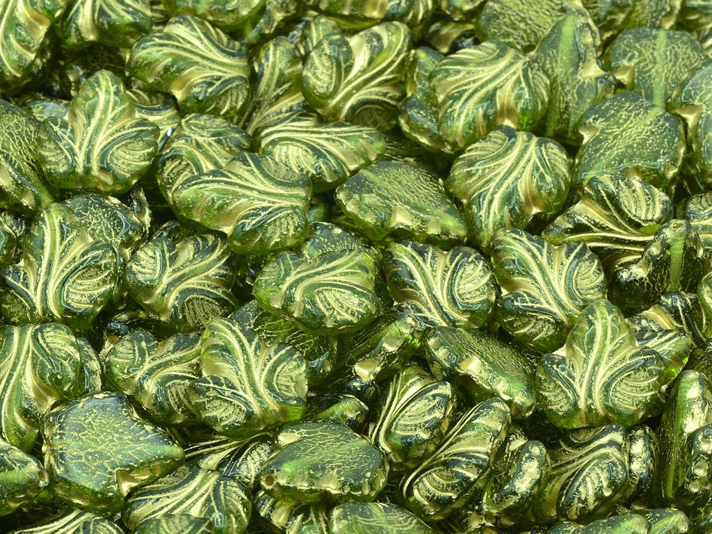 Grape Leaf Beads, Transparent Green Gold Lined (50230-54202), Glass, Czech Republic