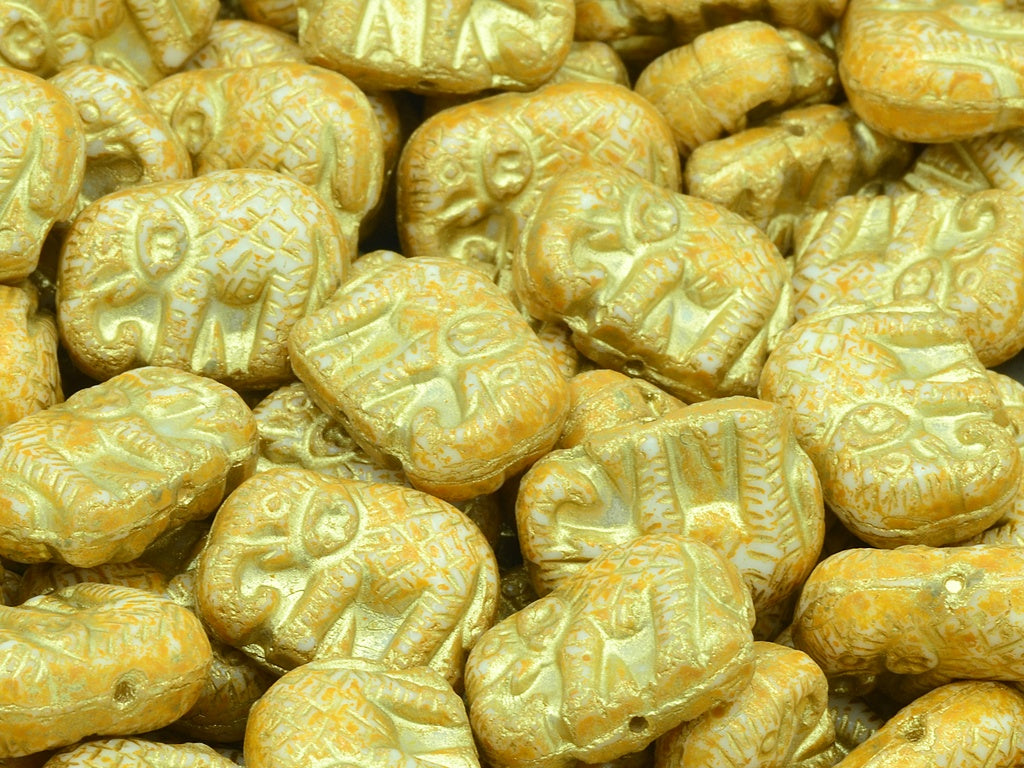Elephane Beads, Chalk White Orange Spotted Gold Lined (03000-33302-54302), Glass, Czech Republic