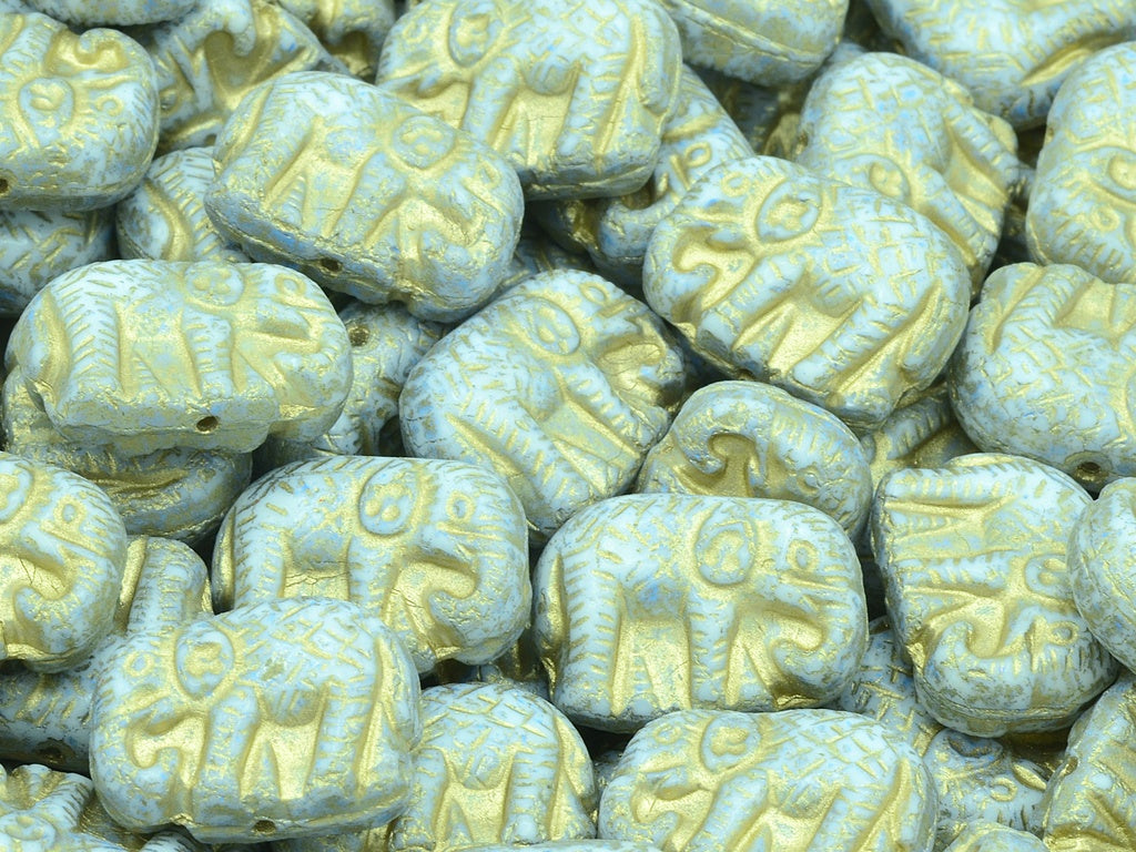 Elephane Beads, Chalk White Blue Spotted Gold Lined (03000-33308-54302), Glass, Czech Republic
