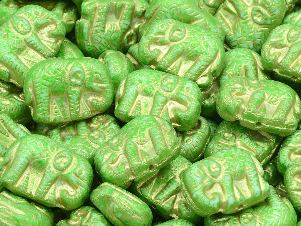 Elephane Beads, Chalk White Green Spotted Gold Lined (03000-33311-54302), Glass, Czech Republic
