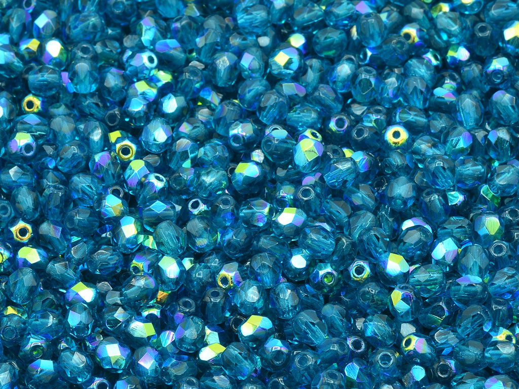 圆形火抛光刻面珠，透明 Aqua Ab (60150-28701)，波西米亚水晶玻璃，捷克共和国