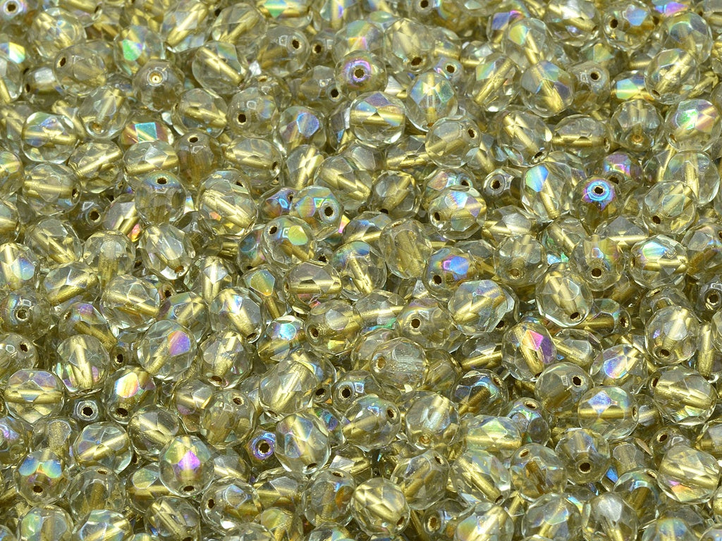 Faceted Round Fire Polished Beads, Crystal Gold Lined (00030-68506), Glass, Czech Republic