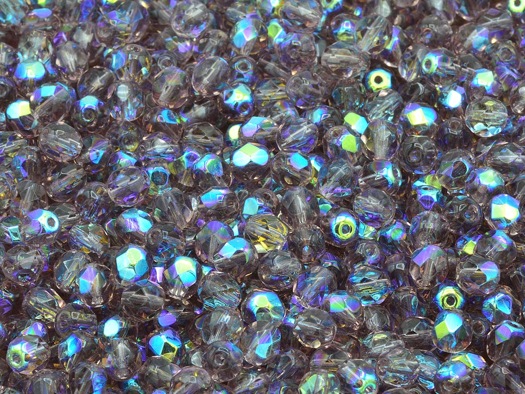 Faceted Round Fire Polished Beads, Transparent Light Amethyst Ab (20020-28701), Glass, Czech Republic