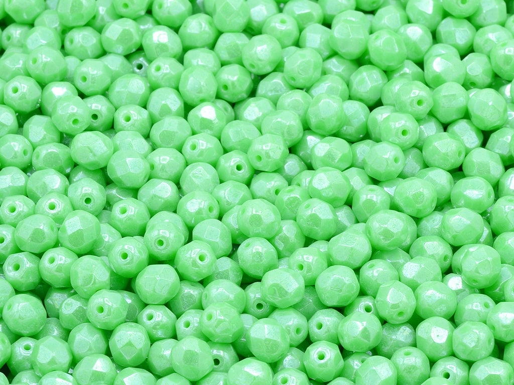 Faceted Round Fire Polished Beads, Opaque Green Hematite (53110-14400), Glass, Czech Republic