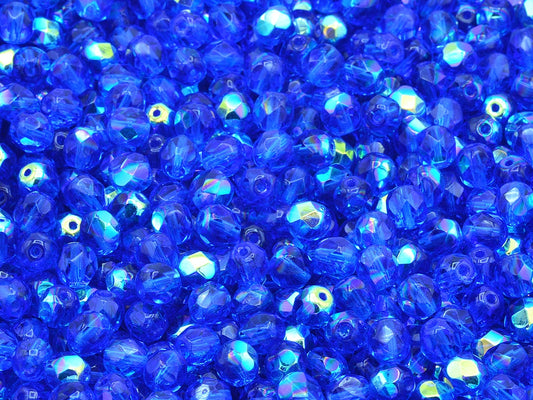 Faceted Round Fire Polished Beads, Transparent Aqua Ab (60310-28701), Glass, Czech Republic