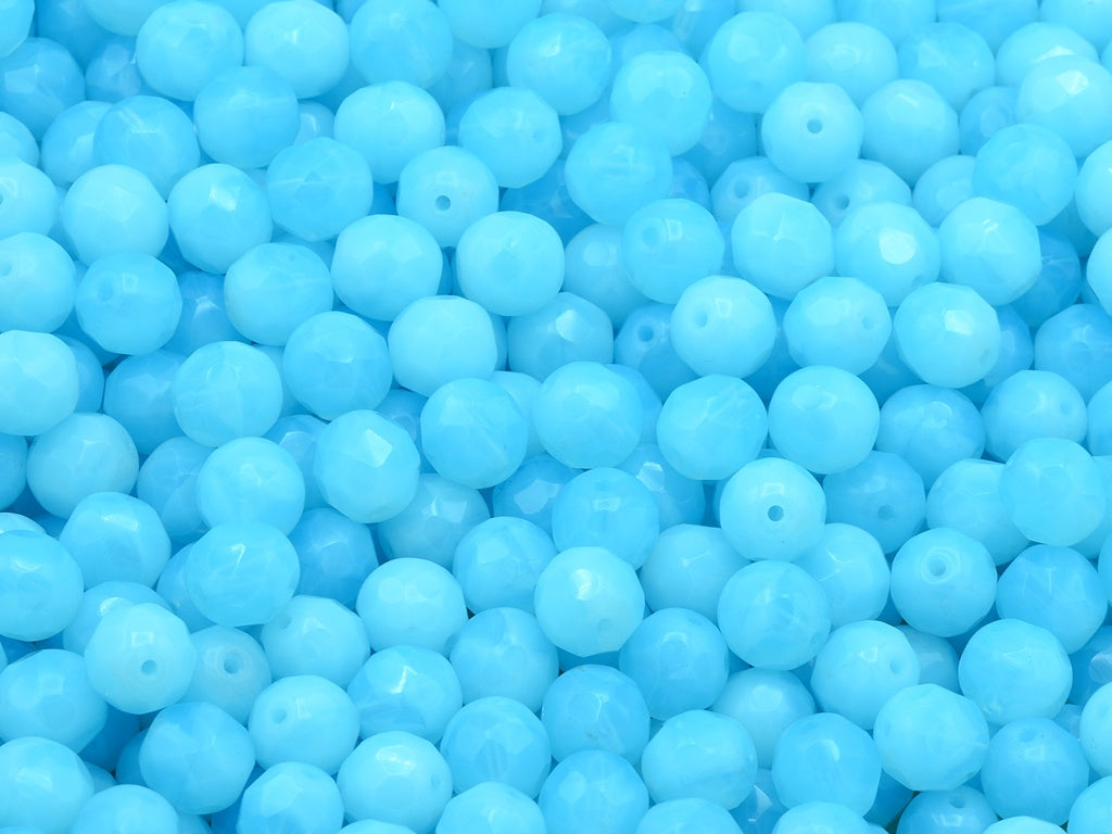 Faceted Round Fire Polished Beads, Opal Aqua (61000), Glass, Czech Republic