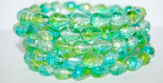 Pear Teardrop Pressed Glass Beads, Glossy Green Yellow (108-48110CRACK), Glass, Czech Republic ~ STRANDED