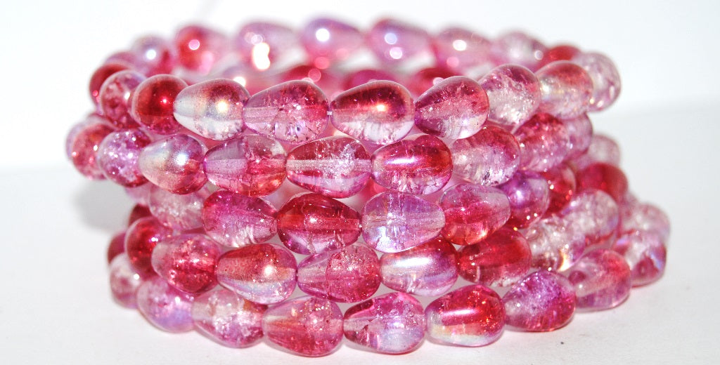Pear Teardrop Pressed Glass Beads, Glossy Red Pink (108-48120CRACK), Glass, Czech Republic ~ STRANDED