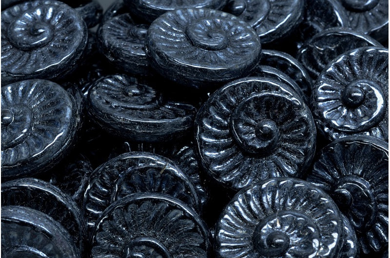 OUTLET 10 grams Fossil Shell Beads, 18 x 18 mm, Black Hematite (23980-14400), Glass, Czech Republic