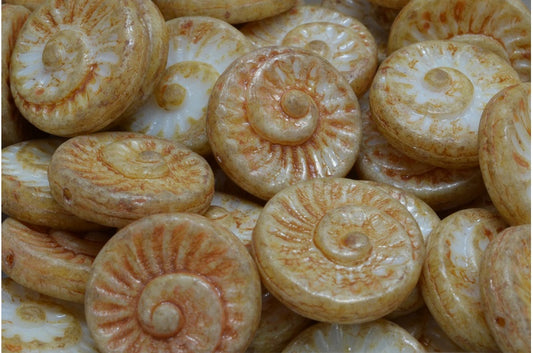Fossil Shell Beads, White Stain With Luster Amber (02010-65401), Glass, Czech Republic